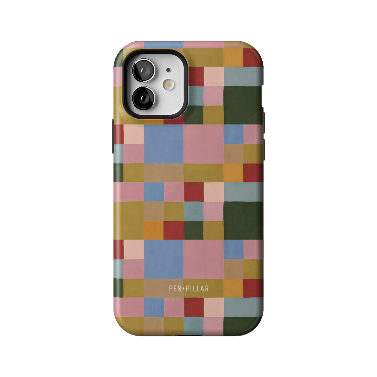 Colorblock case on iPhone 12, back view: painterly squares in blush, sky blue, mustard, rust and forest green