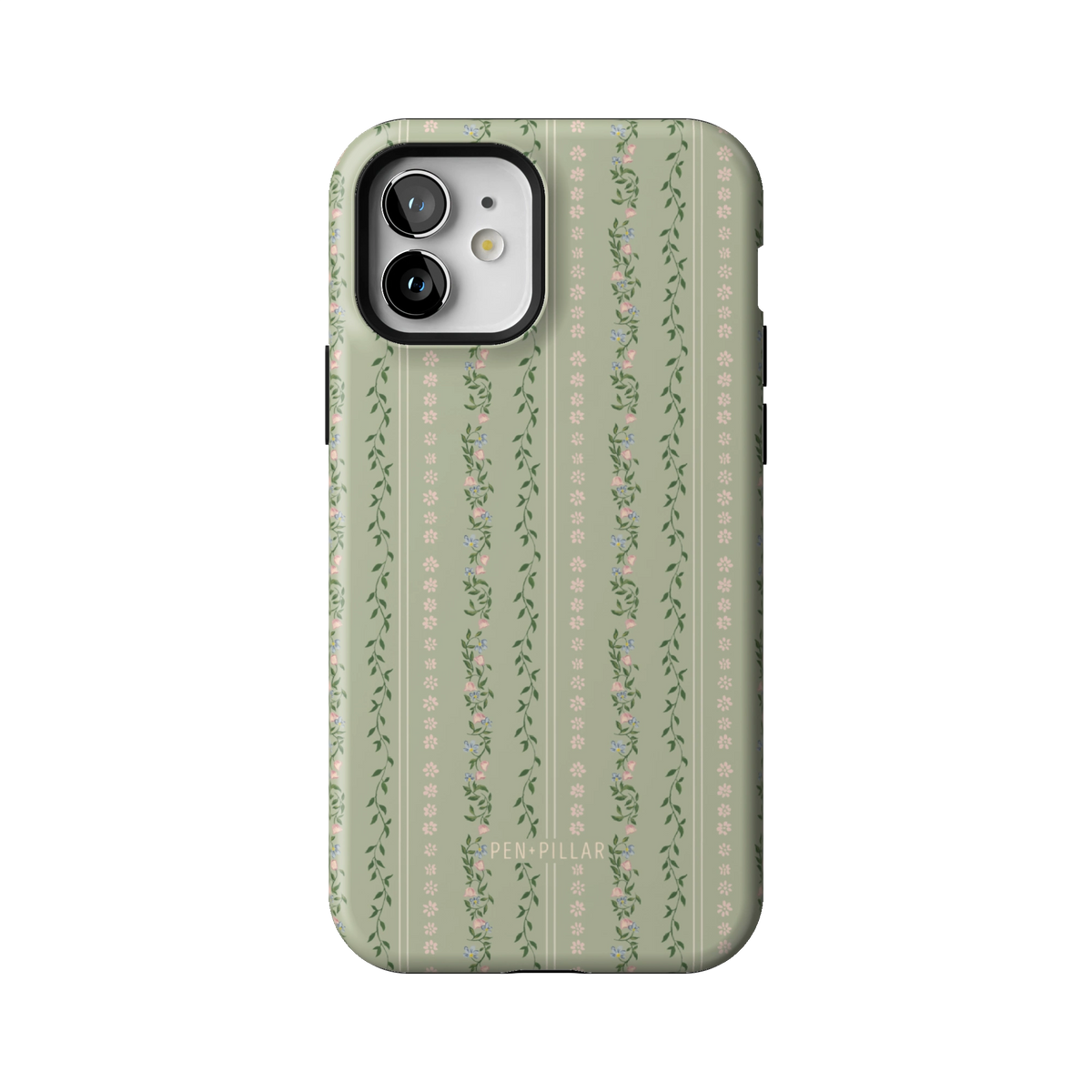 Camellia case on iPhone 12, back view: sage green with soft floral stripes