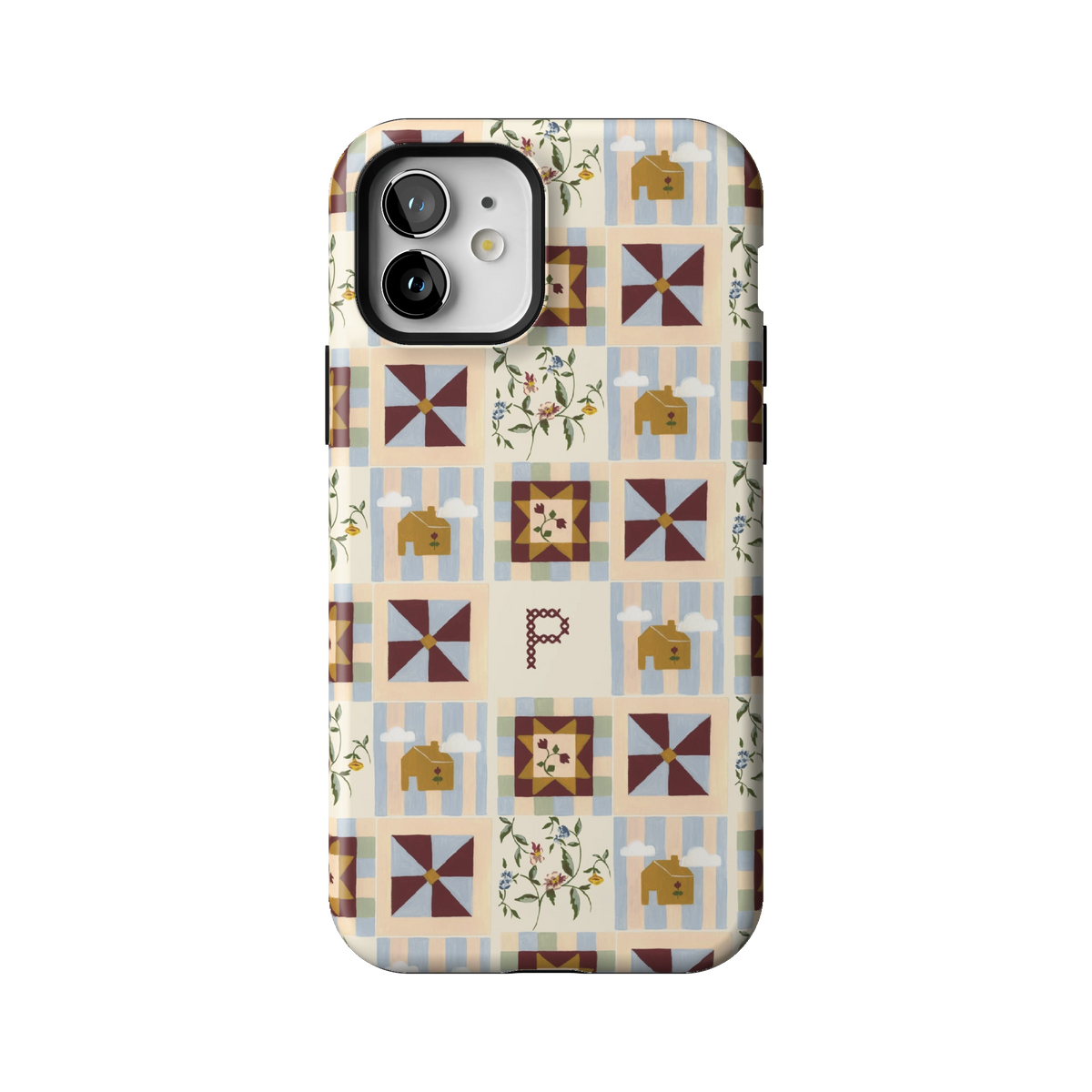 Pinwheel Personalized case on iPhone 12, back view: burgundy pinwheel quilt blocks on blue stripes with the initial P