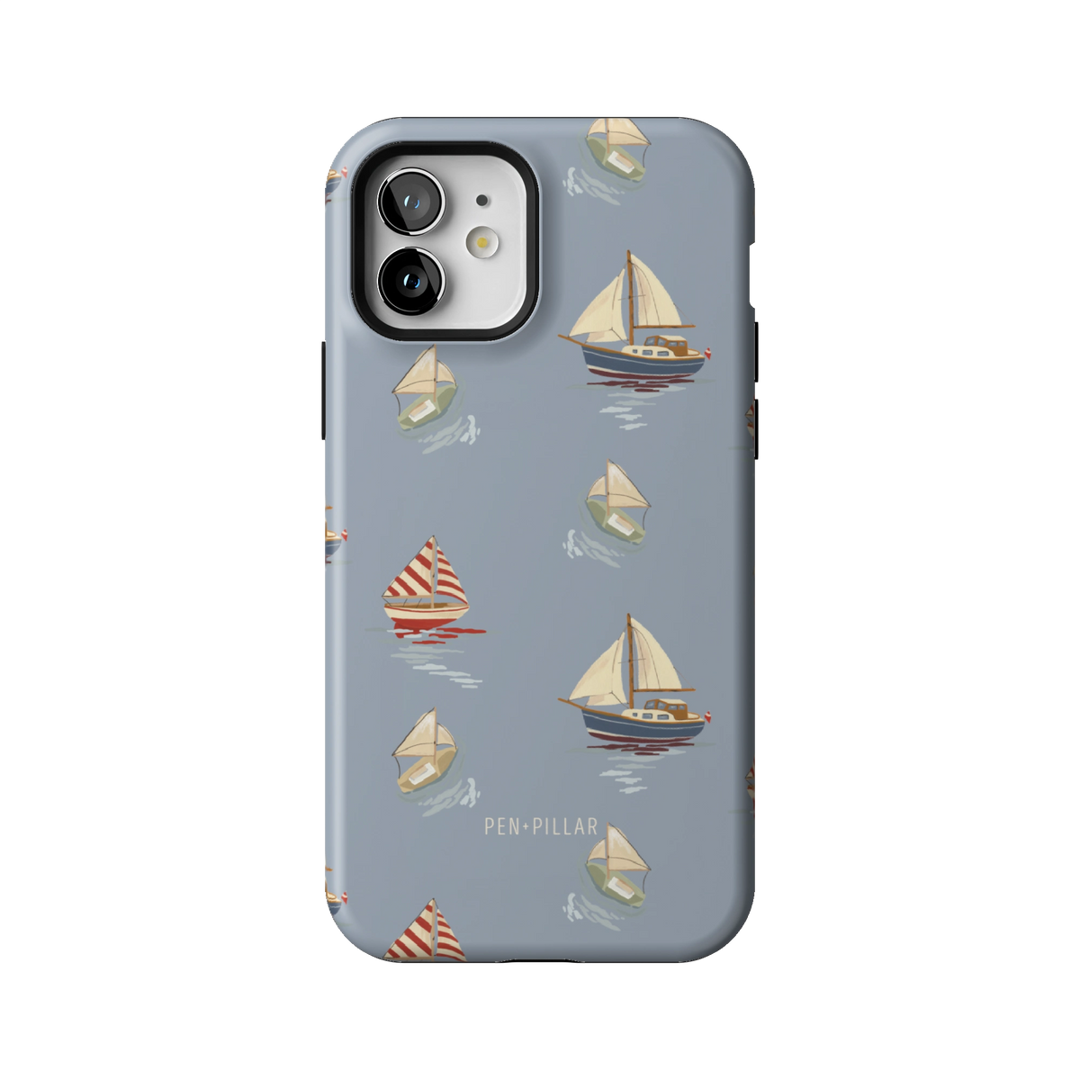 Harbor case on iPhone 12, back view: sailboats and paper boats on dusty blue