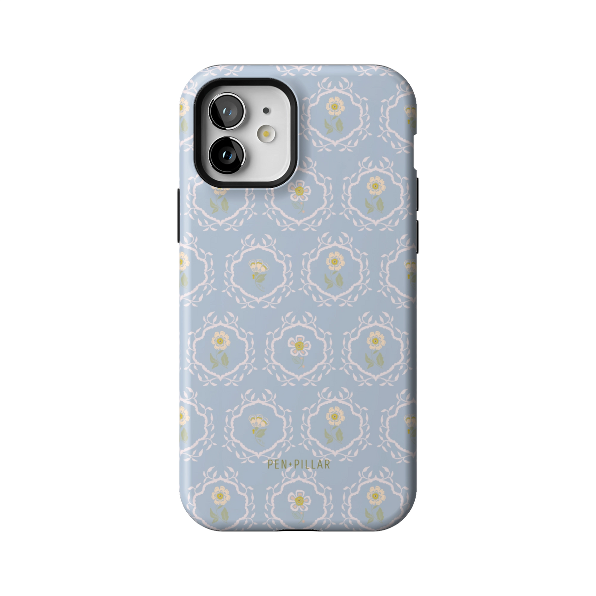 Merrigold case on iPhone 12, back view: small white florals in a lattice on pale blue