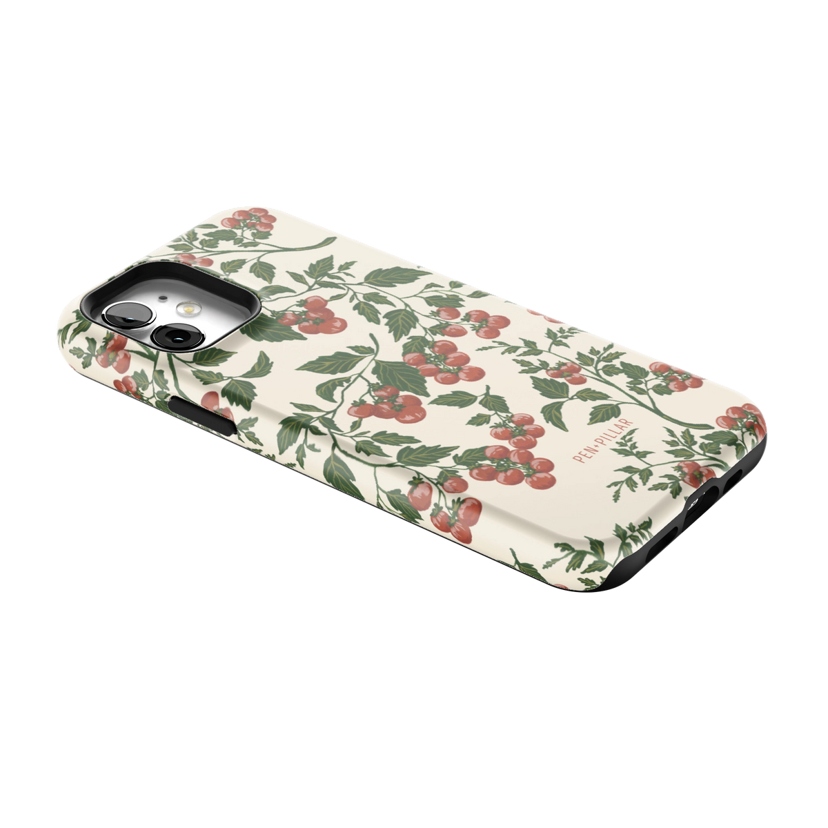 Tomato Vines iPhone 12 case lying at an angle, showing the side buttons and print wrapping the edges