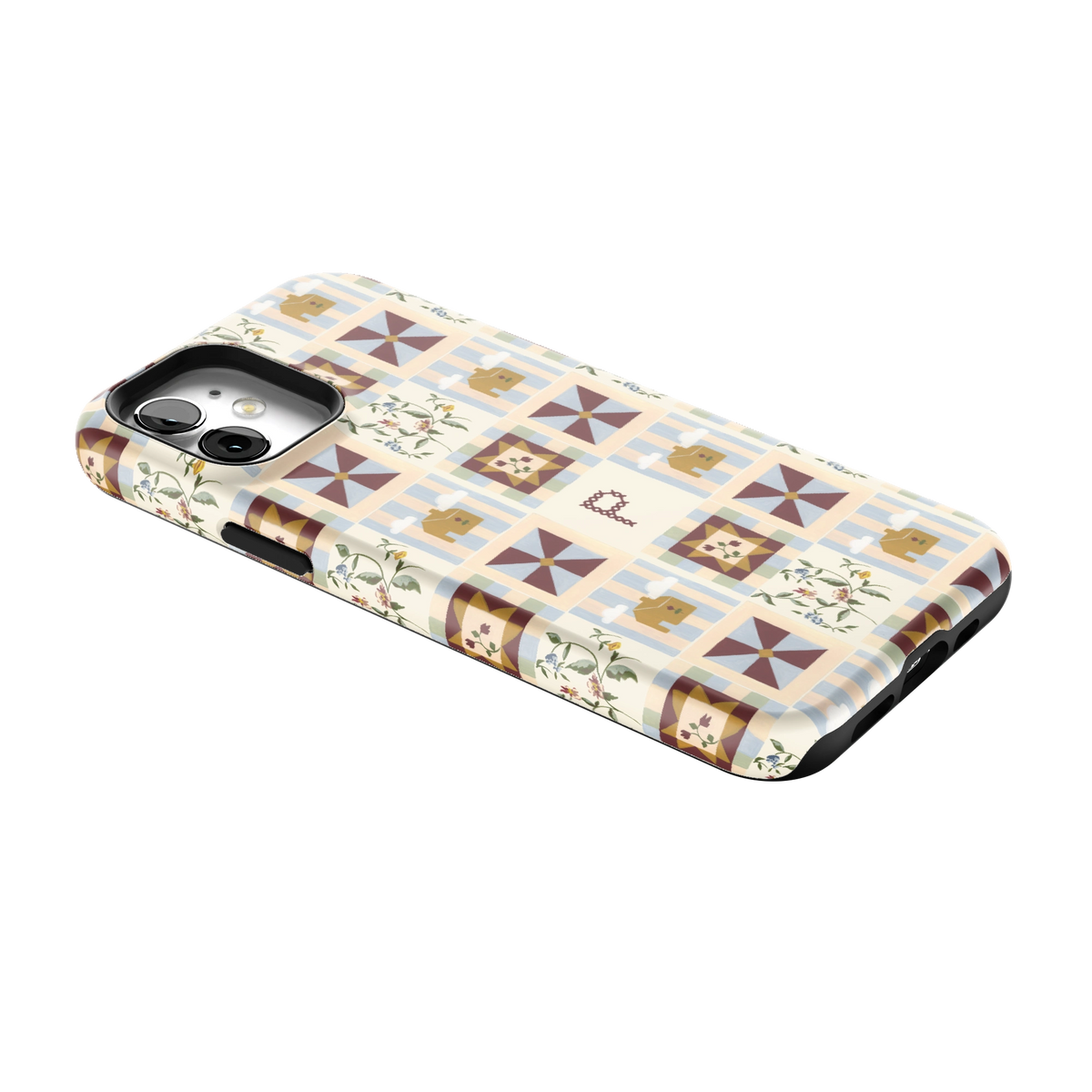Pinwheel Personalized iPhone 12 case lying at an angle, showing the side buttons and print wrapping the edges