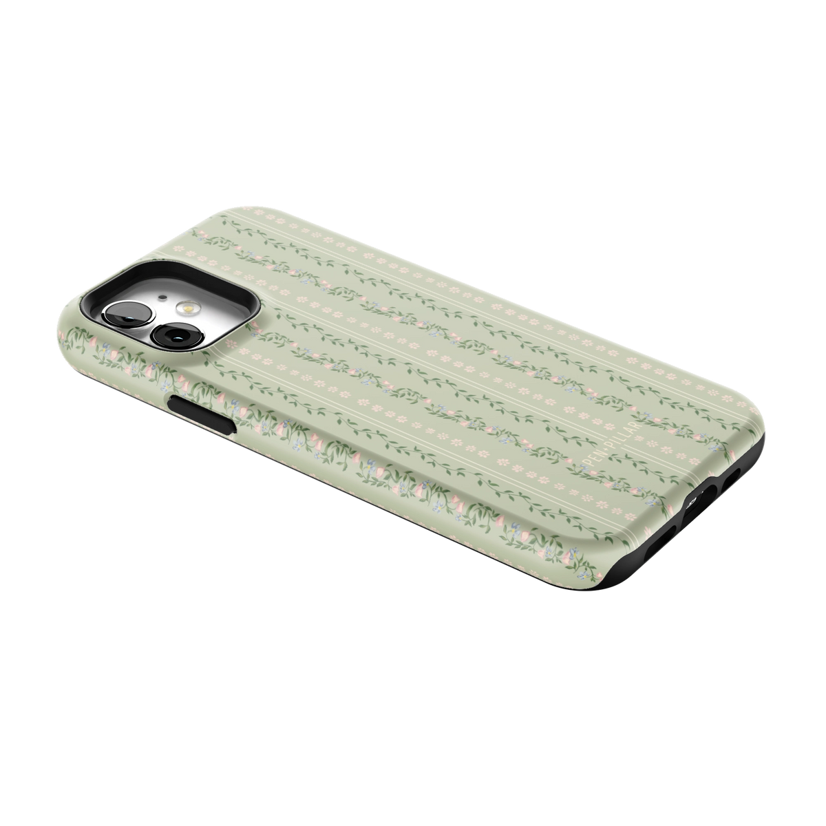 Camellia iPhone 12 case lying at an angle, showing the side buttons and print wrapping the edges