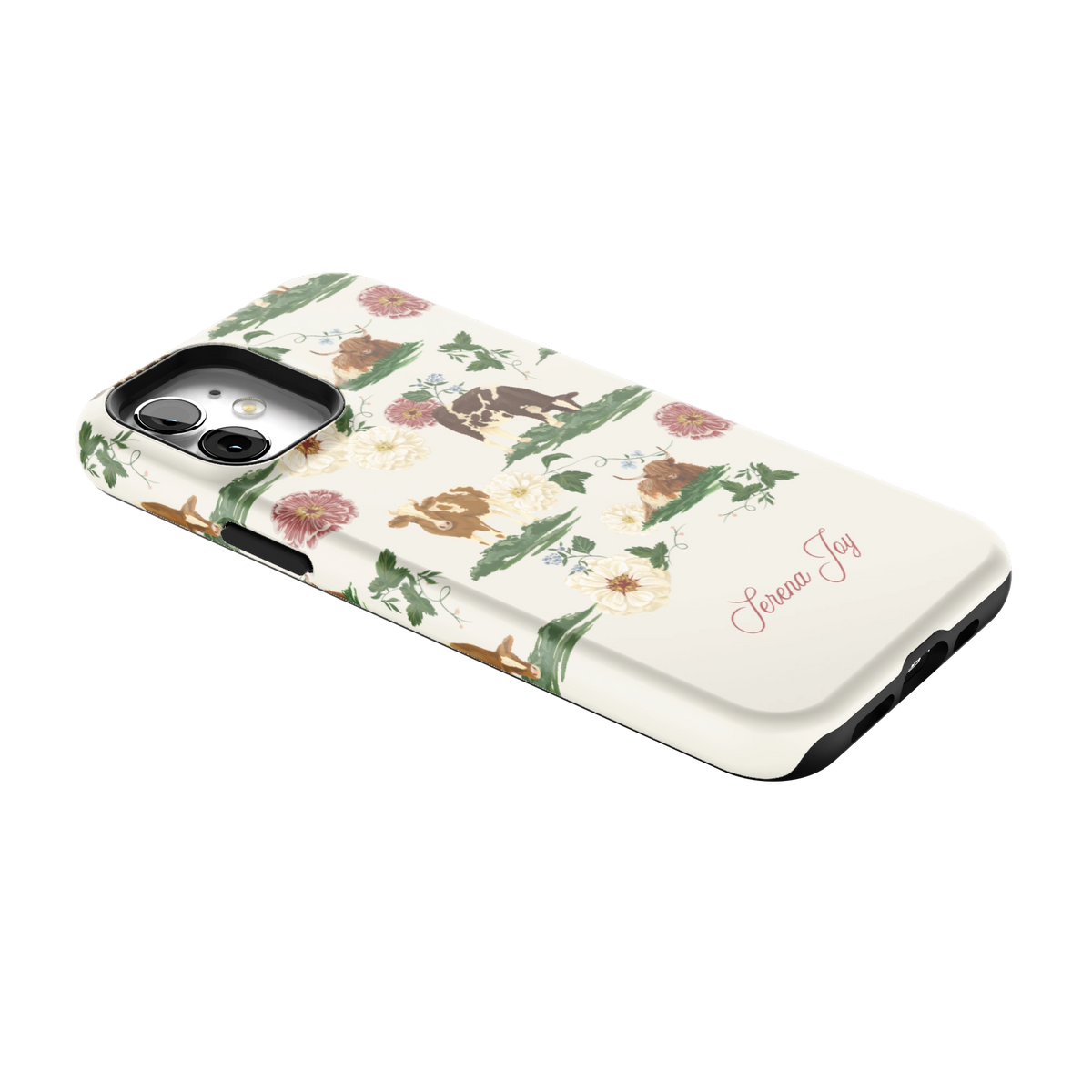Pasture Personalized iPhone 12 case lying at an angle, showing the side buttons and print wrapping the edges