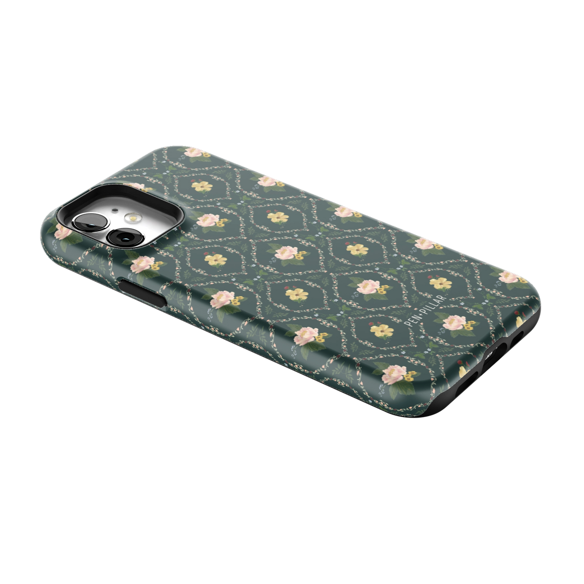 Meadow iPhone 12 case lying at an angle, showing the side buttons and print wrapping the edges