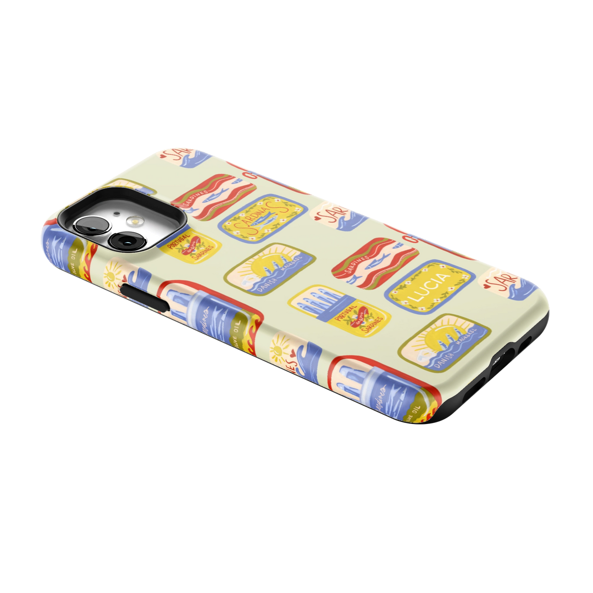 Sardines Personalized iPhone 12 case lying at an angle, showing the side buttons and print wrapping the edges