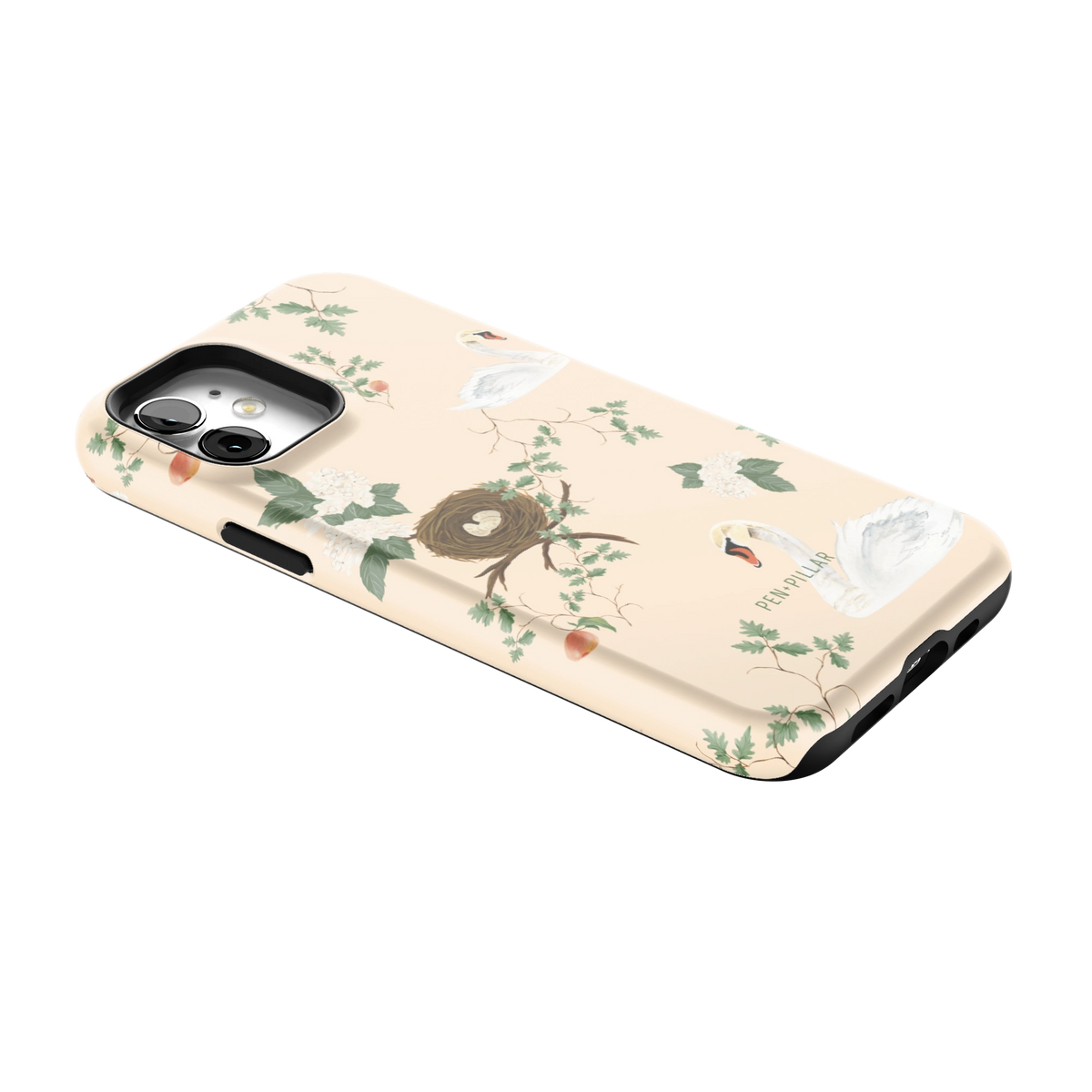 Swan Hollow iPhone 12 case lying at an angle, showing the side buttons and print wrapping the edges