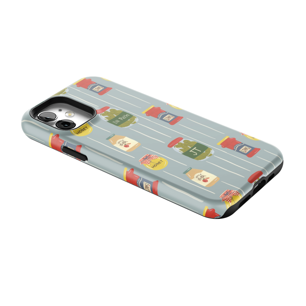 Preserves Personalized iPhone 12 case lying at an angle, showing the side buttons and print wrapping the edges