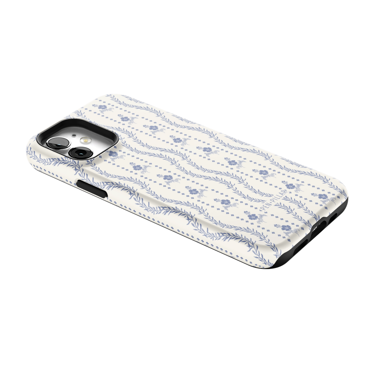 Riviera iPhone 12 case lying at an angle, showing the side buttons and print wrapping the edges