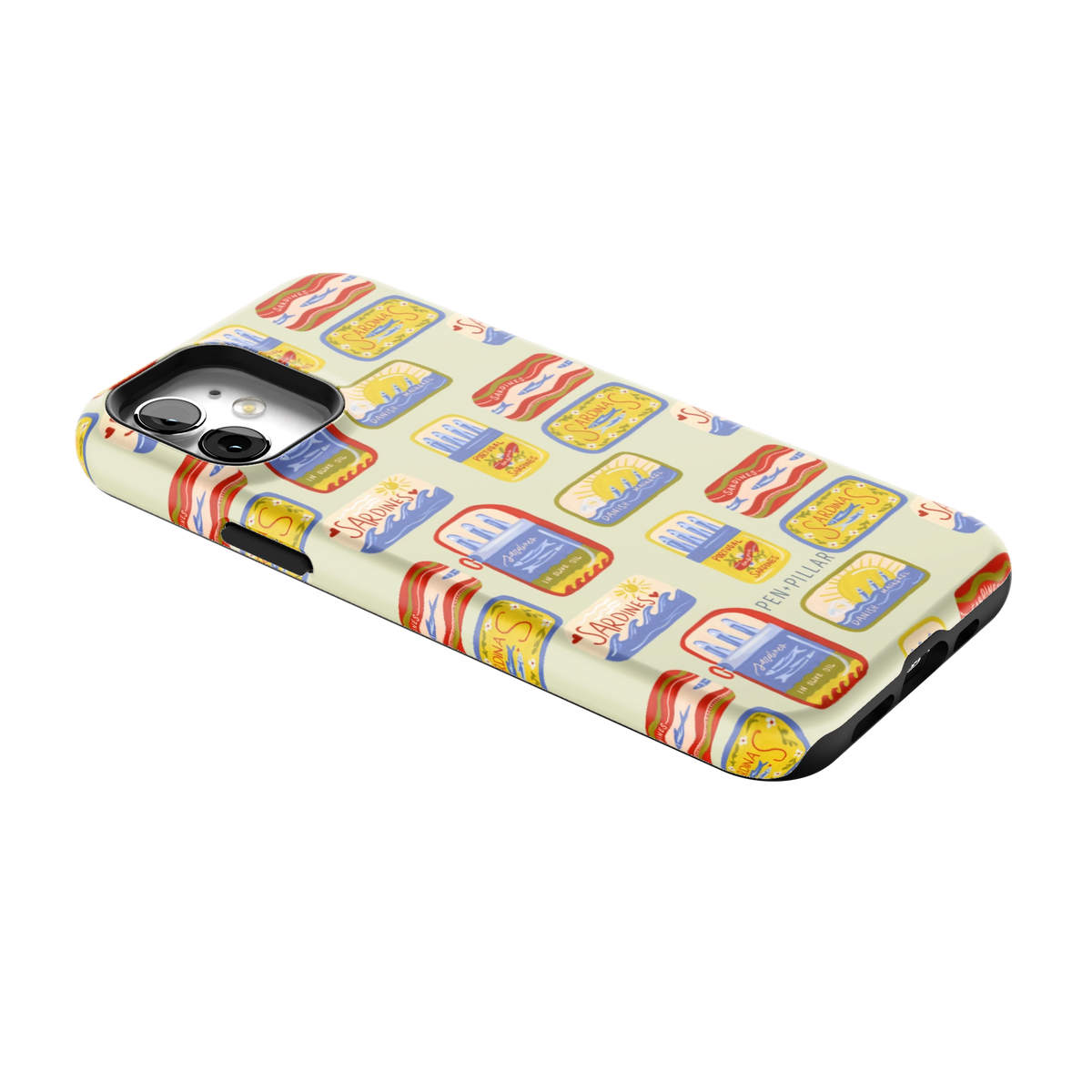 Sardines iPhone 12 case lying at an angle, showing the side buttons and print wrapping the edges