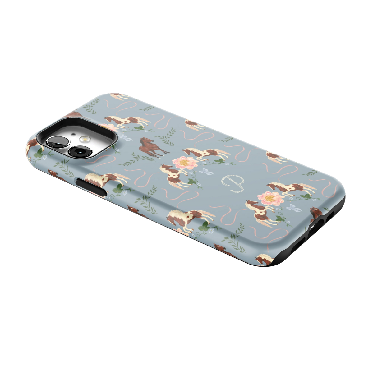 Prairie Personalized iPhone 12 case lying at an angle, showing the side buttons and print wrapping the edges