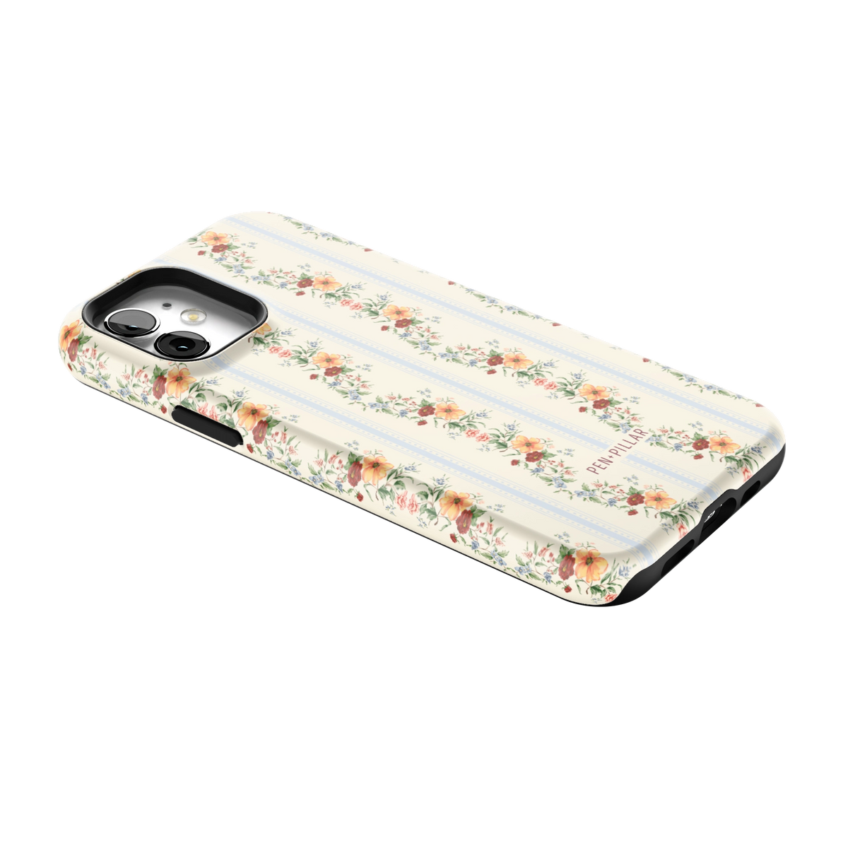 Wallflower iPhone 12 case lying at an angle, showing the side buttons and print wrapping the edges