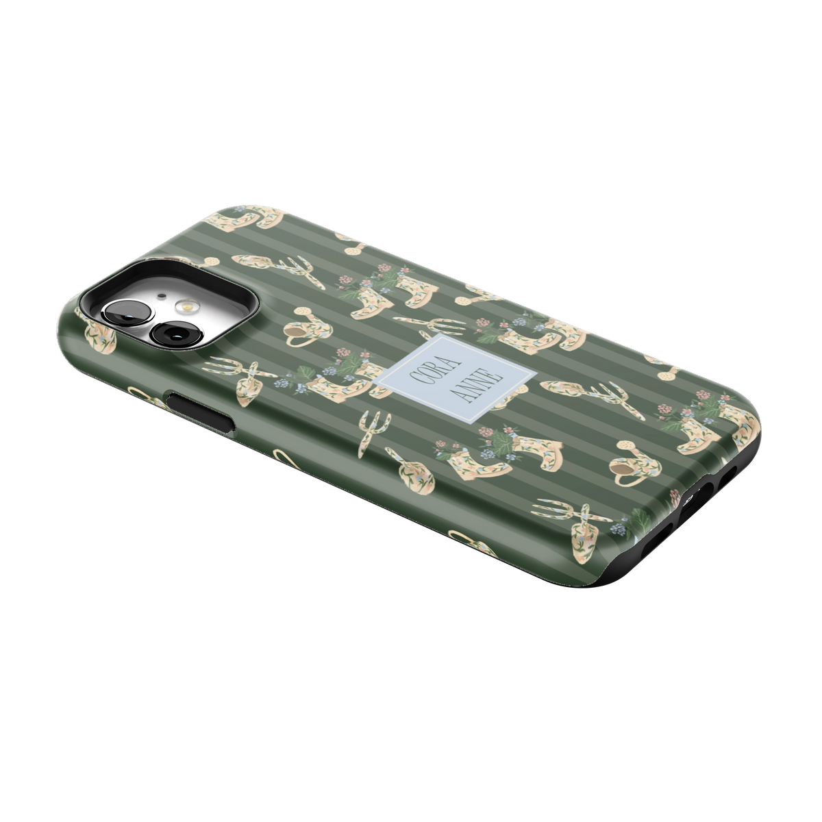 In the Garden Personalized iPhone 12 case lying at an angle, showing the side buttons and print wrapping the edges