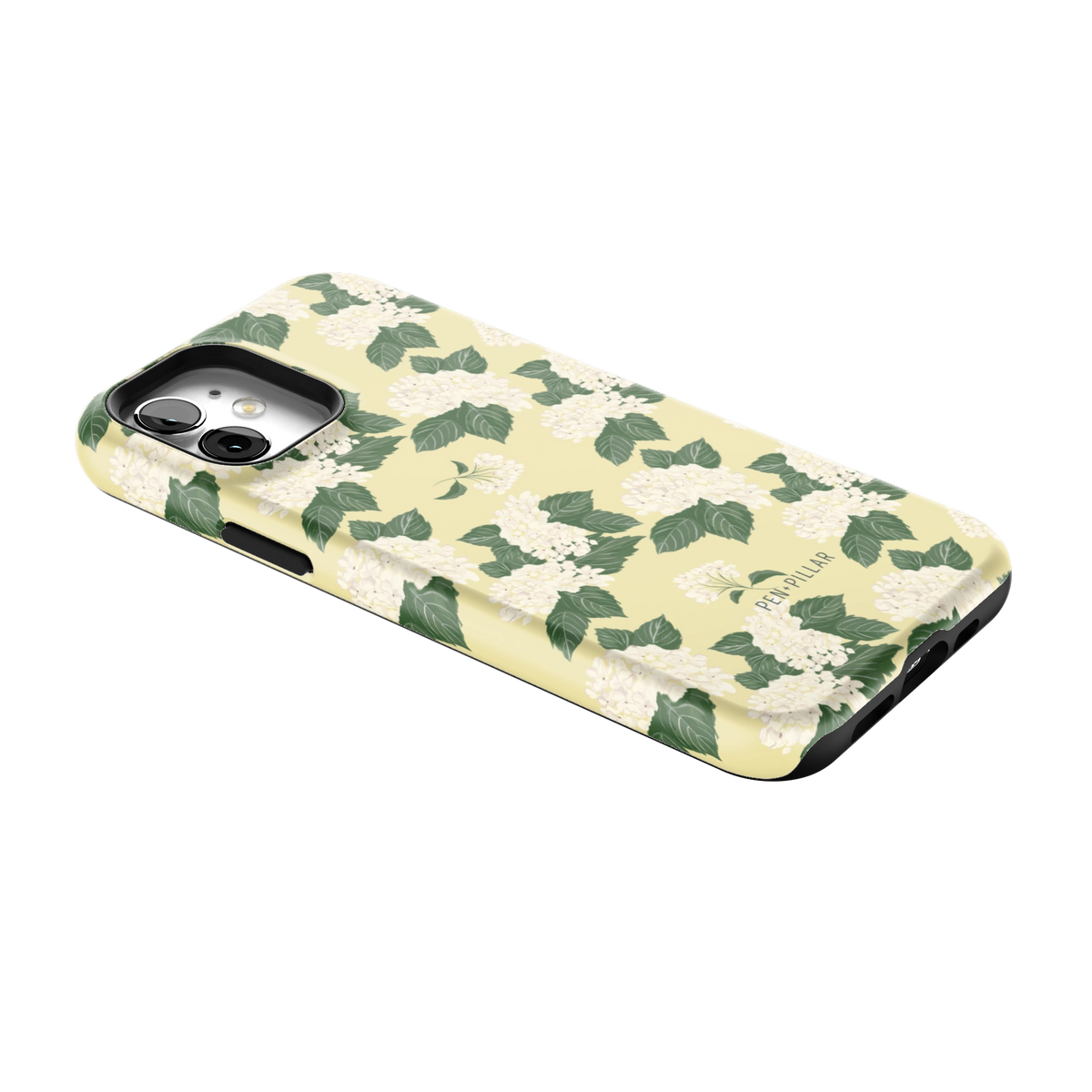 Hydrangea iPhone 12 case lying at an angle, showing the side buttons and print wrapping the edges