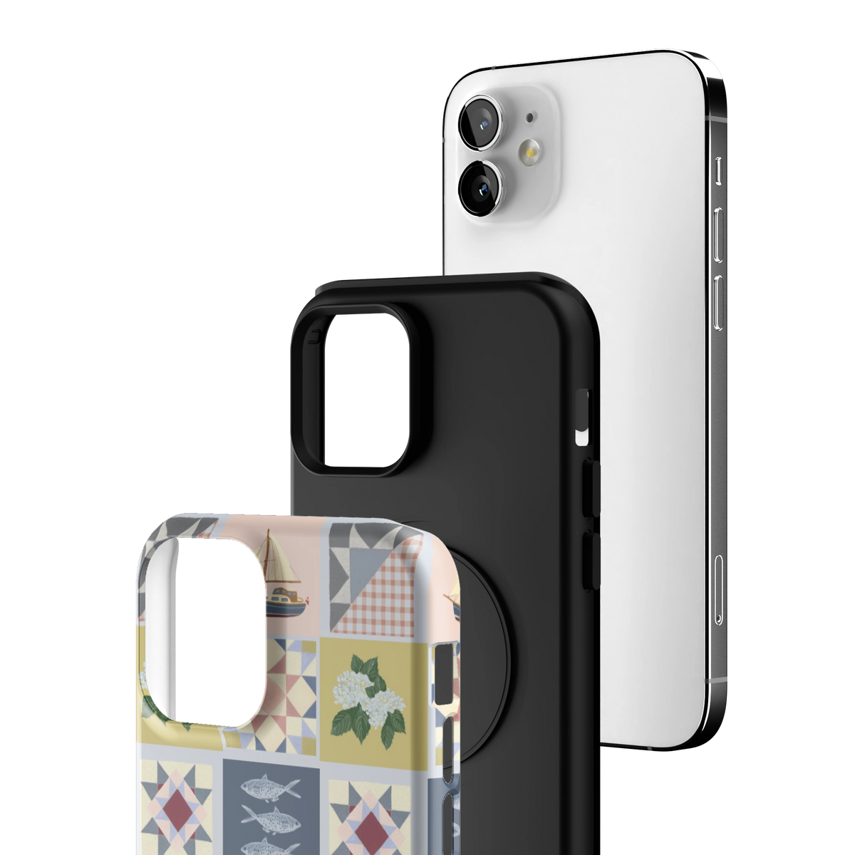 Exploded view of the Coastal Quilt iPhone 12 case: printed shell, black inner layer with MagSafe ring, and phone