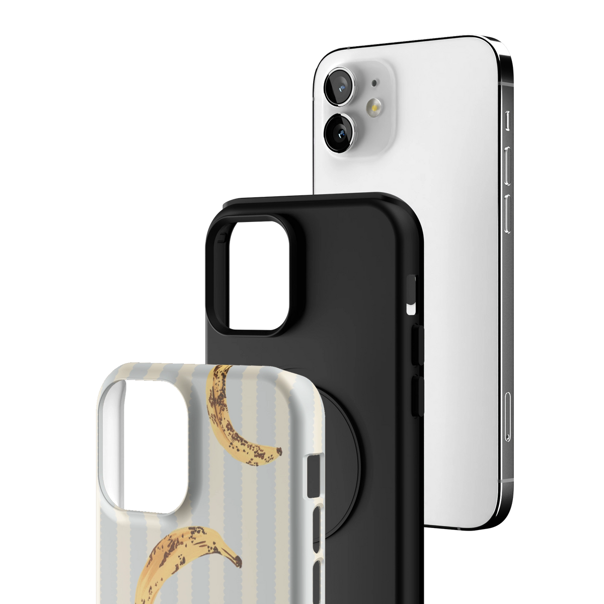Exploded view of the Striped Bananas Personalized iPhone 12 case: printed shell, black inner layer with MagSafe ring, and phone
