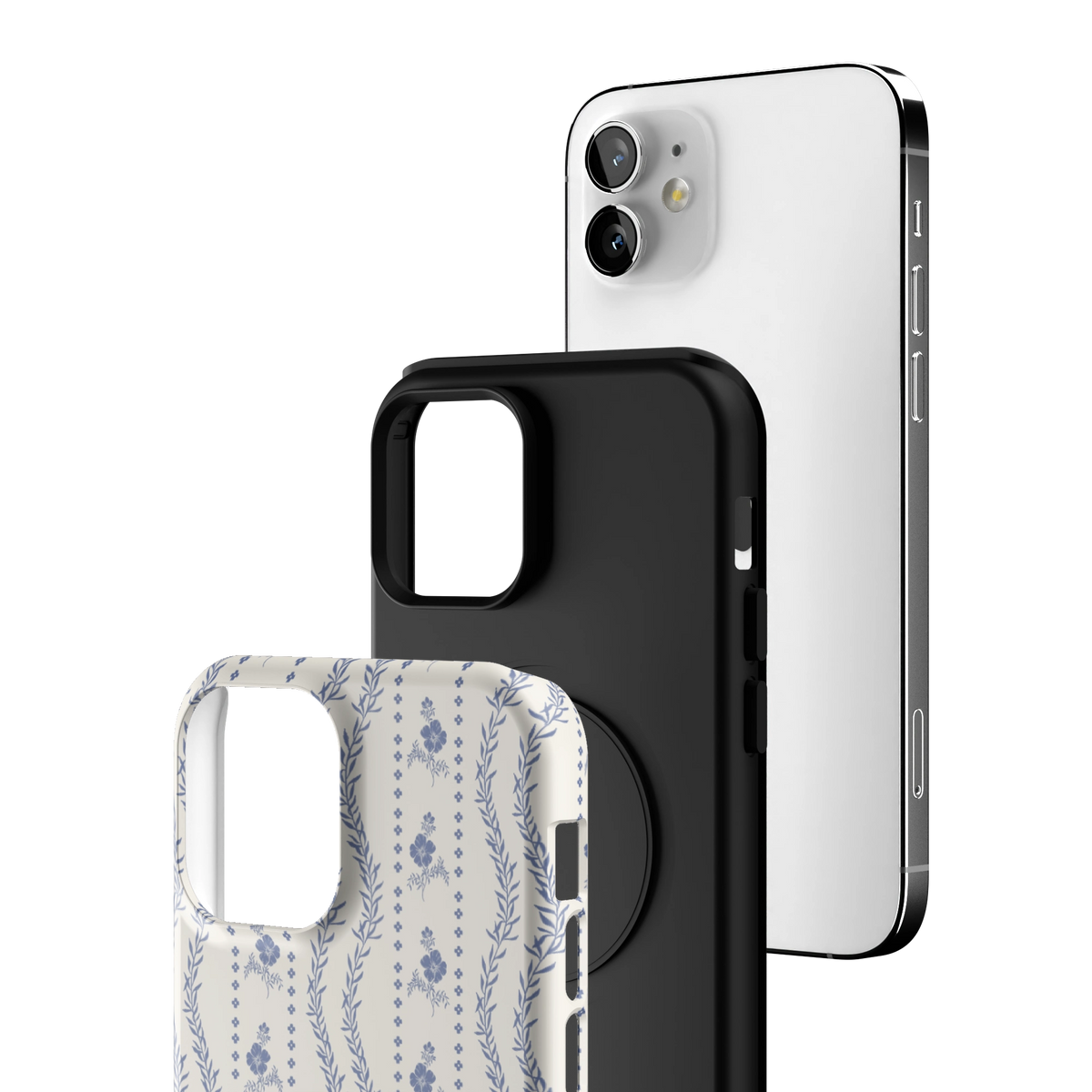 Exploded view of the Riviera iPhone 12 case: printed shell, black inner layer with MagSafe ring, and phone