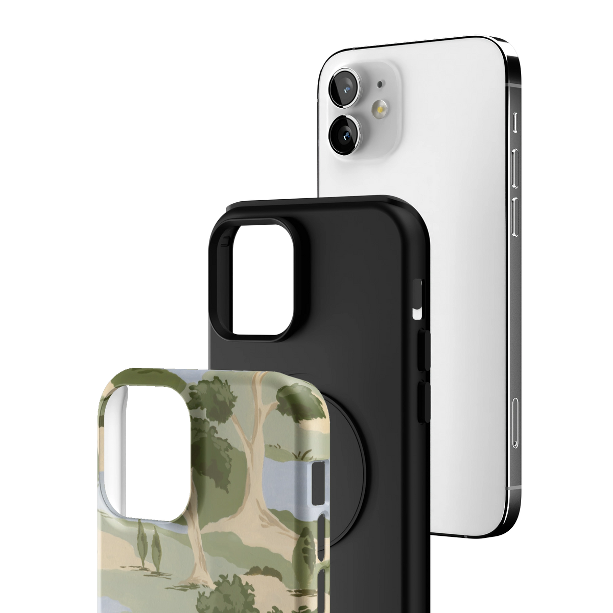 Exploded view of the Orchard iPhone 12 case: printed shell, black inner layer with MagSafe ring, and phone