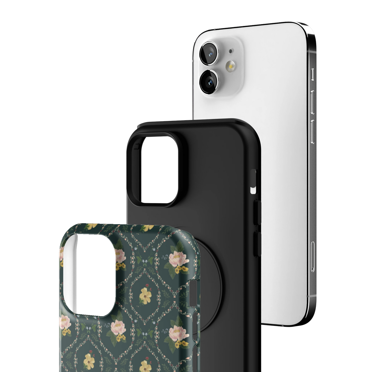 Exploded view of the Meadow iPhone 12 case: printed shell, black inner layer with MagSafe ring, and phone