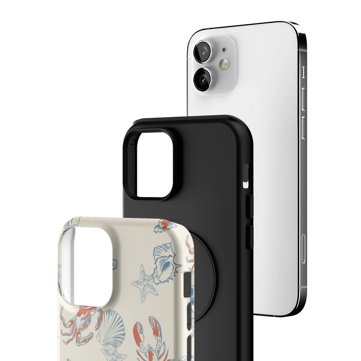 Exploded view of the Mariner Personalized iPhone 12 case: printed shell, black inner layer with MagSafe ring, and phone