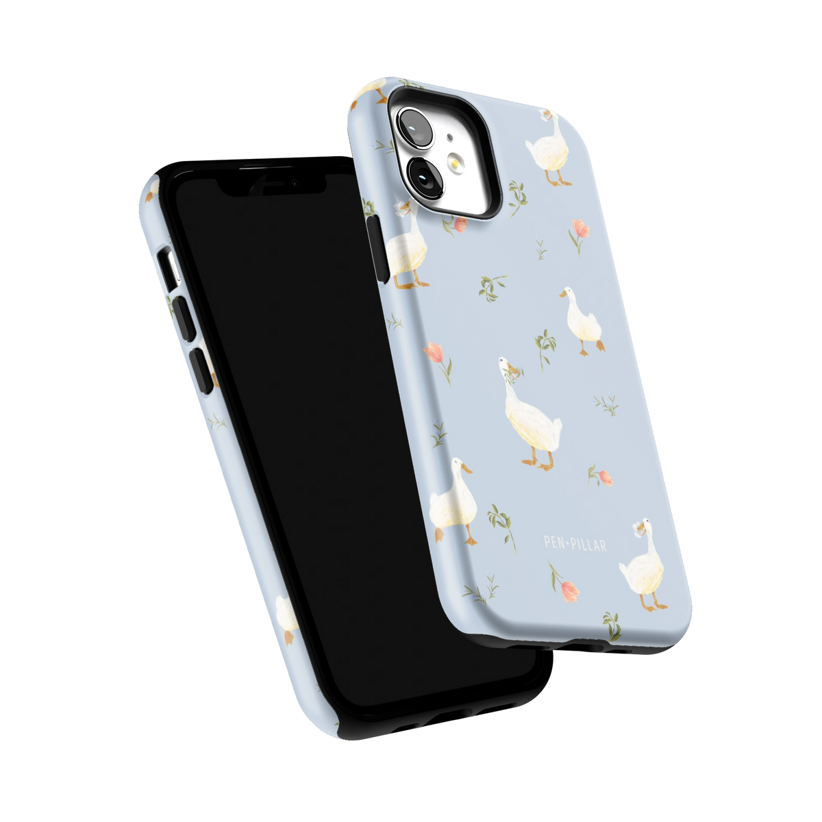 Ducks iPhone 12 case tilted to show the raised edges around the screen and camera