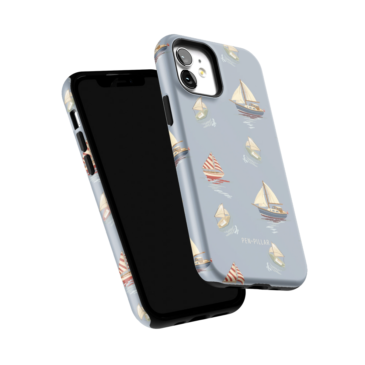 Harbor iPhone 12 case tilted to show the raised edges around the screen and camera