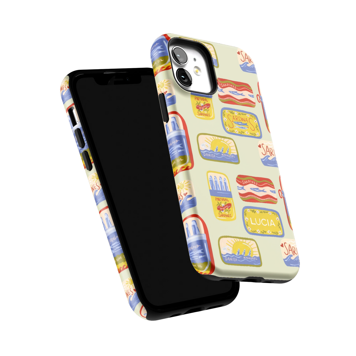 Sardines Personalized iPhone 12 case tilted to show the raised edges around the screen and camera