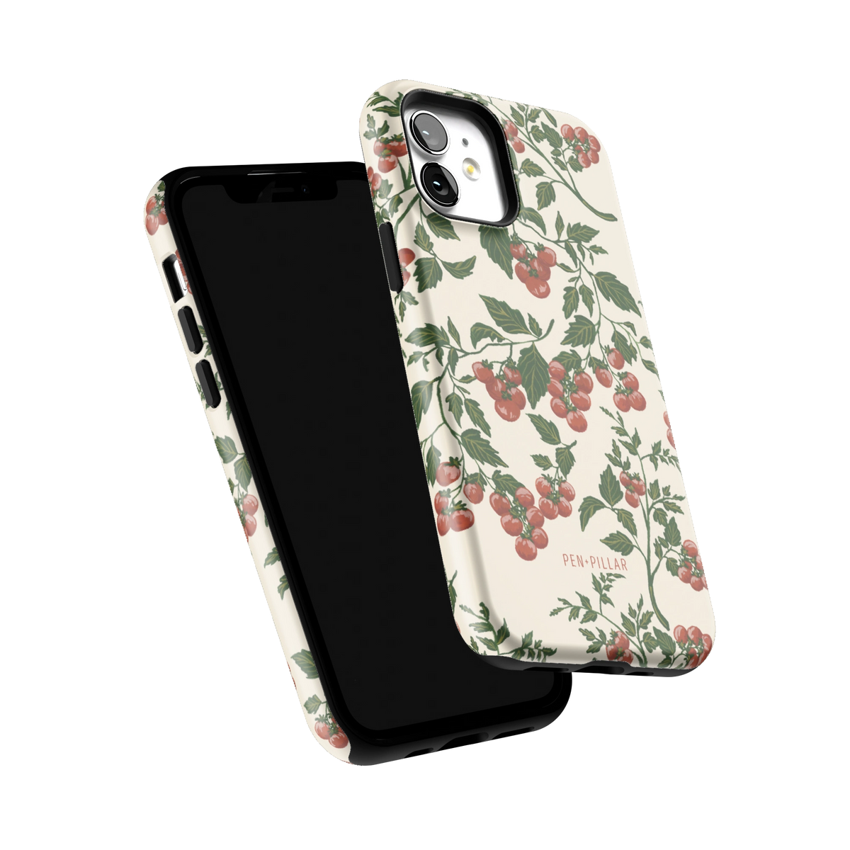 Tomato Vines iPhone 12 case tilted to show the raised edges around the screen and camera