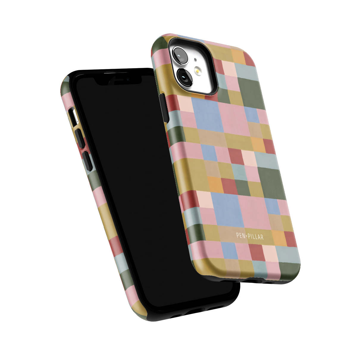 Colorblock iPhone 12 case tilted to show the raised edges around the screen and camera