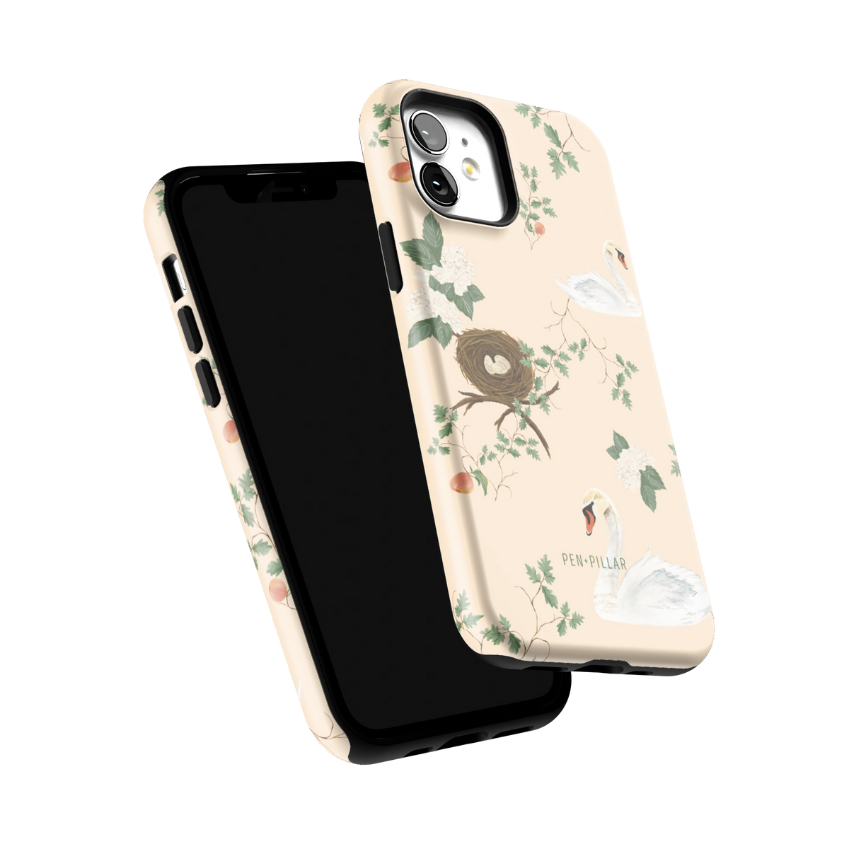 Swan Hollow iPhone 12 case tilted to show the raised edges around the screen and camera