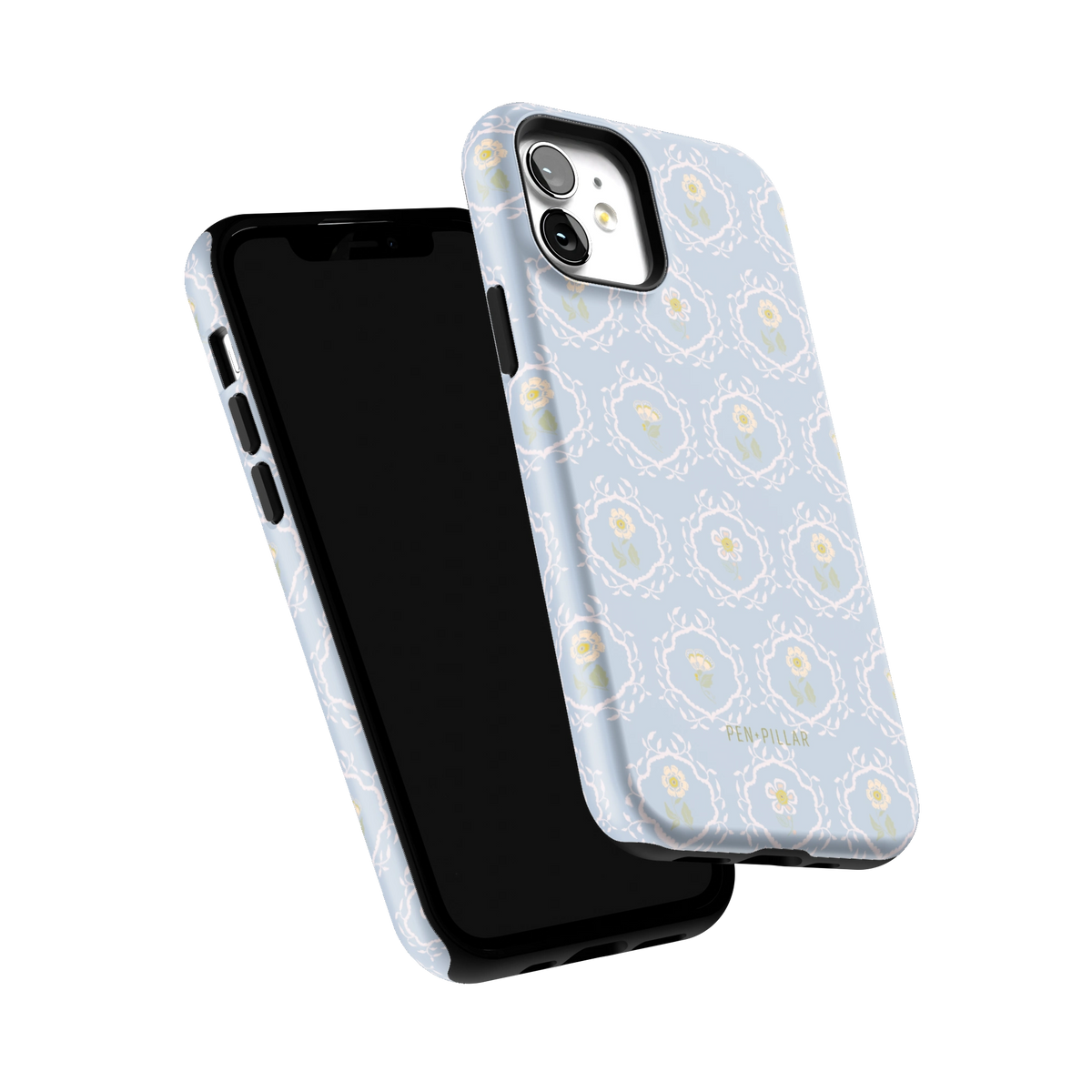 Merrigold iPhone 12 case tilted to show the raised edges around the screen and camera