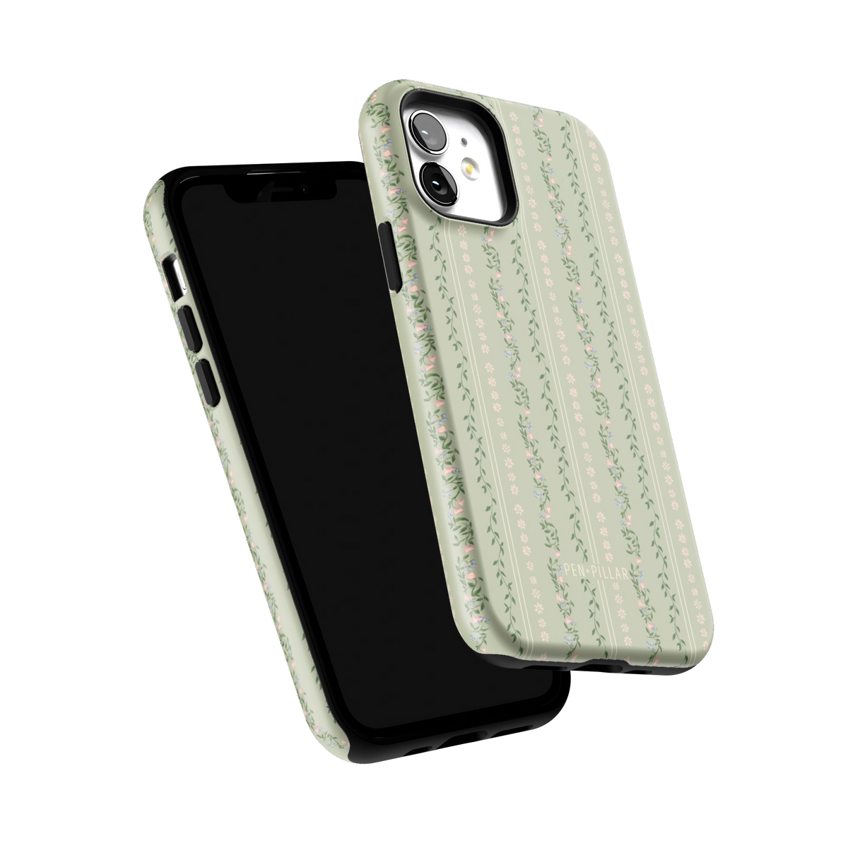 Camellia iPhone 12 case tilted to show the raised edges around the screen and camera