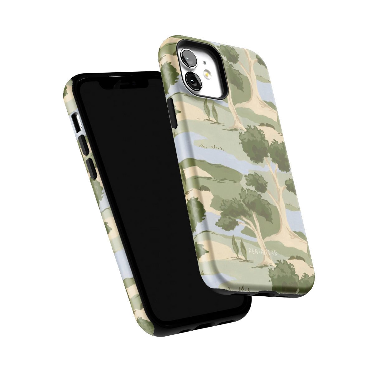Orchard iPhone 12 case tilted to show the raised edges around the screen and camera