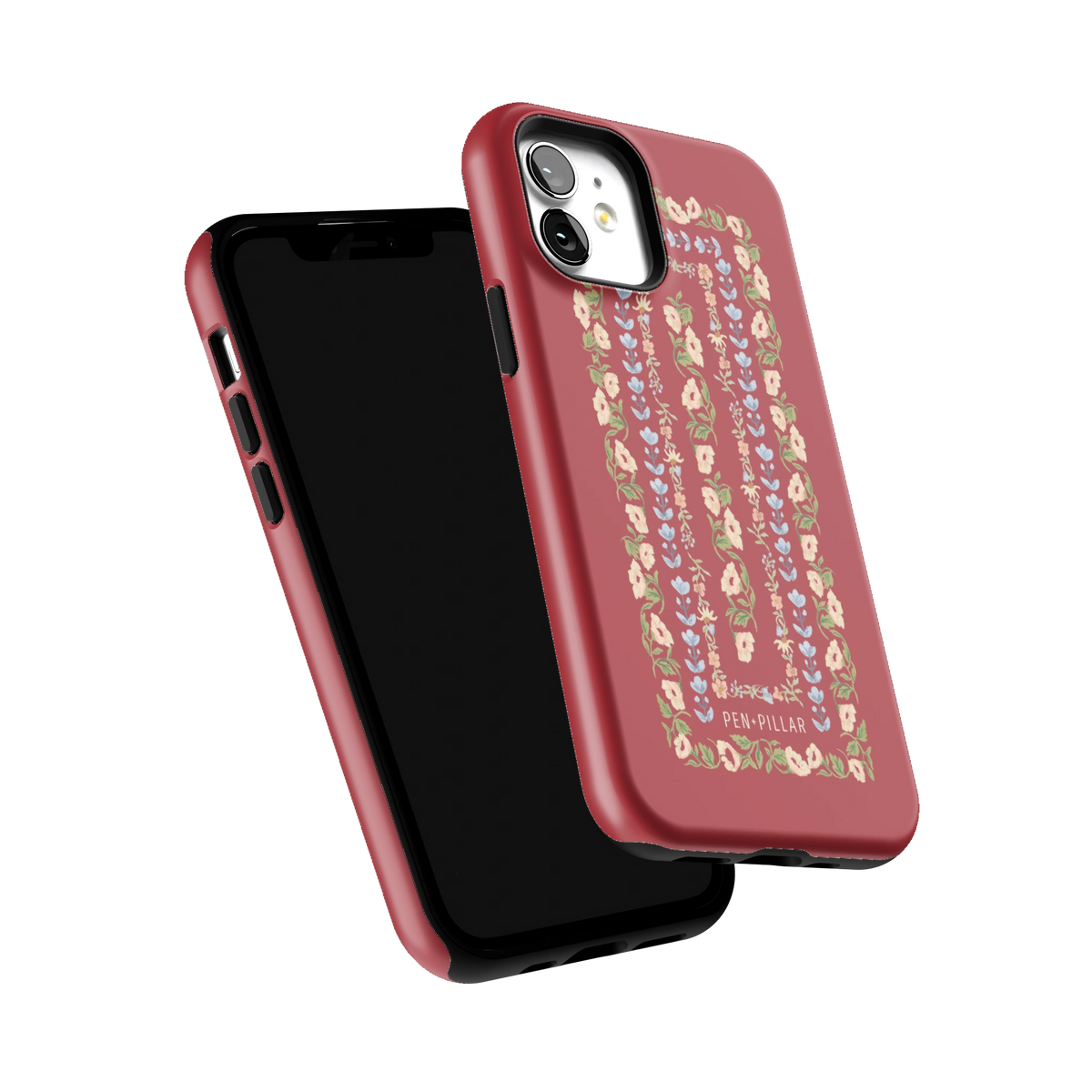 Fiona iPhone 12 case tilted to show the raised edges around the screen and camera