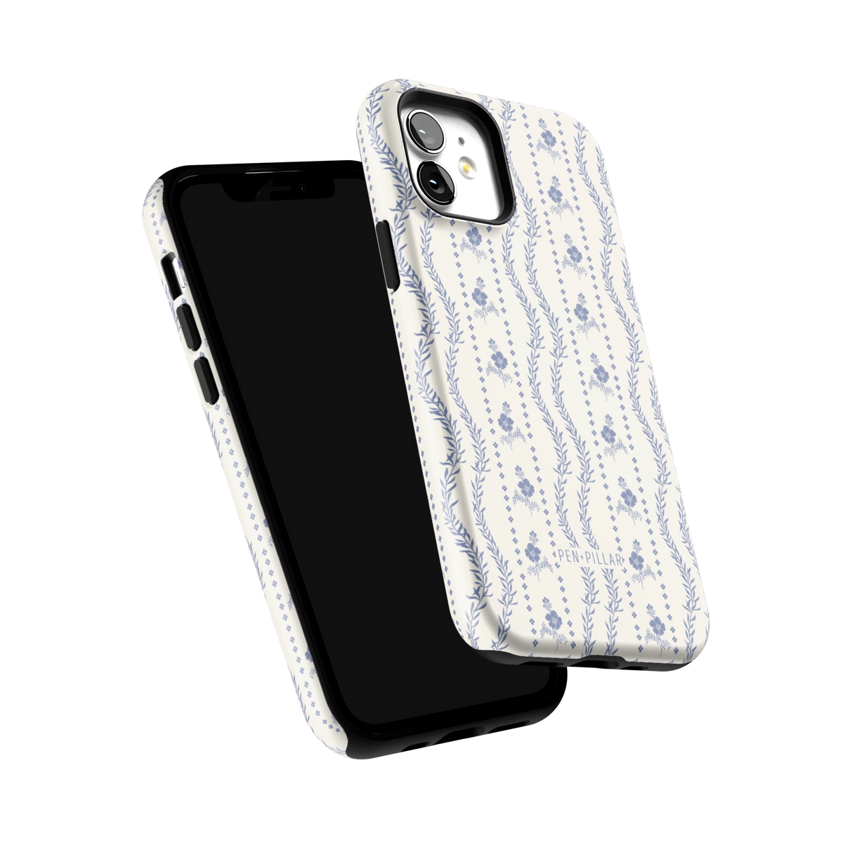 Riviera iPhone 12 case tilted to show the raised edges around the screen and camera
