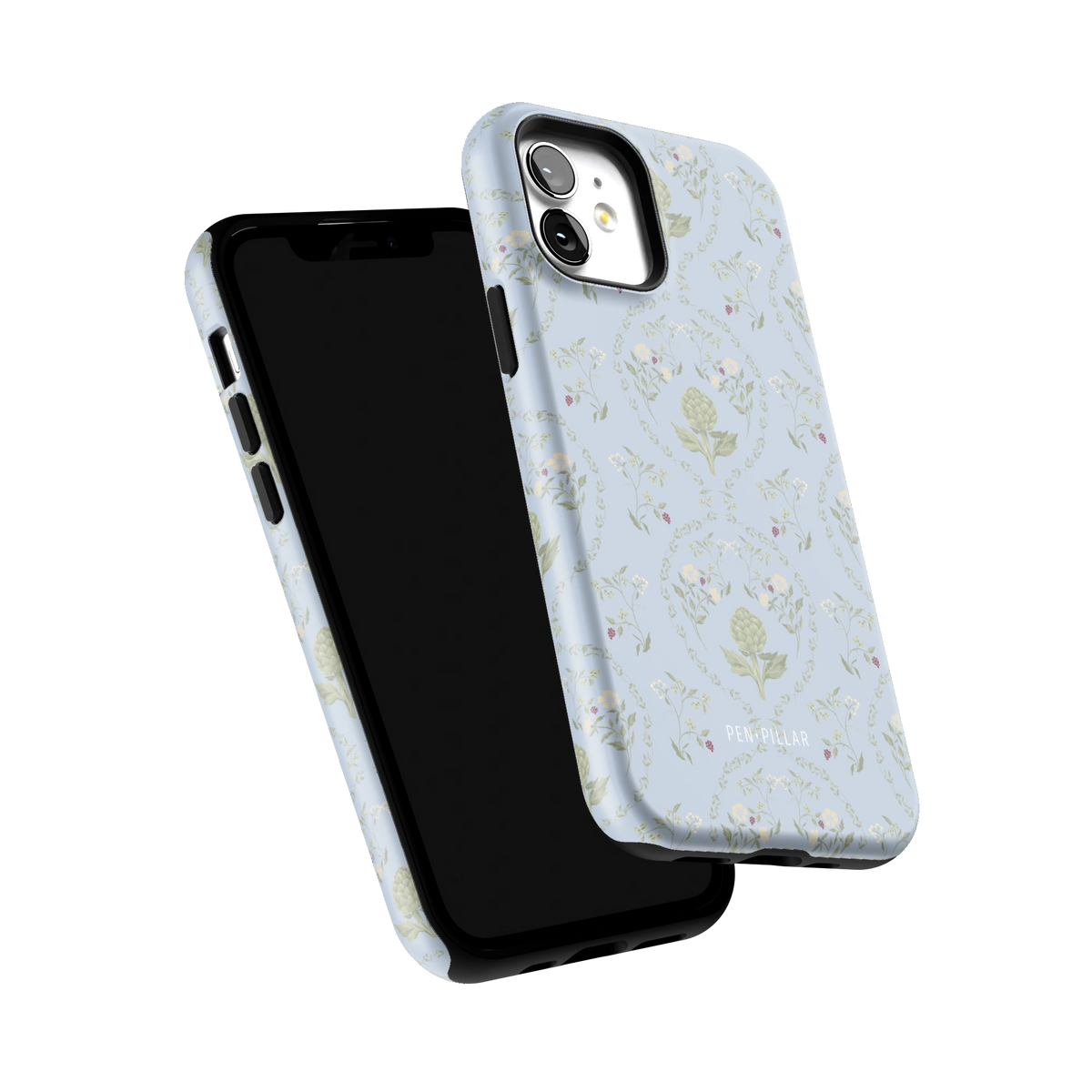 Artichoke iPhone 12 case tilted to show the raised edges around the screen and camera