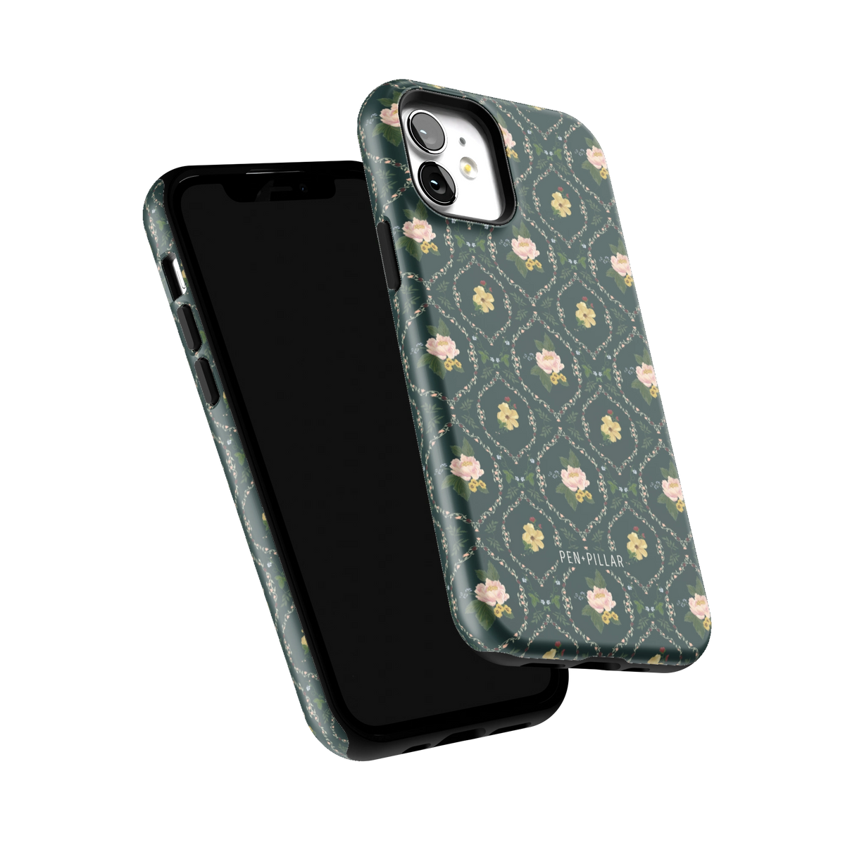 Meadow iPhone 12 case tilted to show the raised edges around the screen and camera