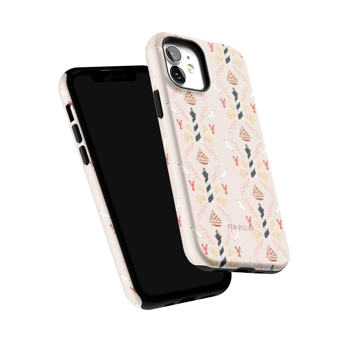 Lighthouse iPhone 12 case tilted to show the raised edges around the screen and camera