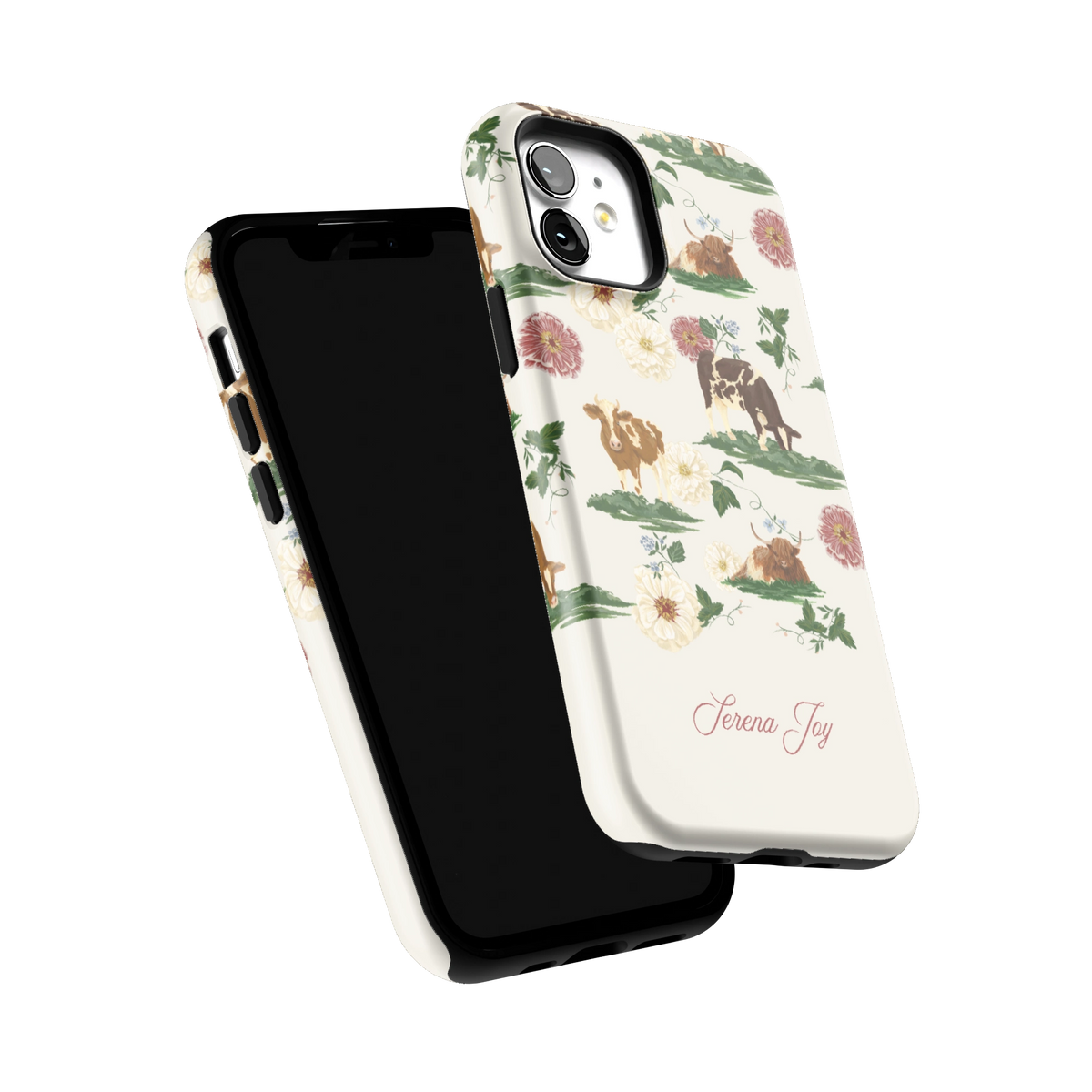 Pasture Personalized iPhone 12 case tilted to show the raised edges around the screen and camera