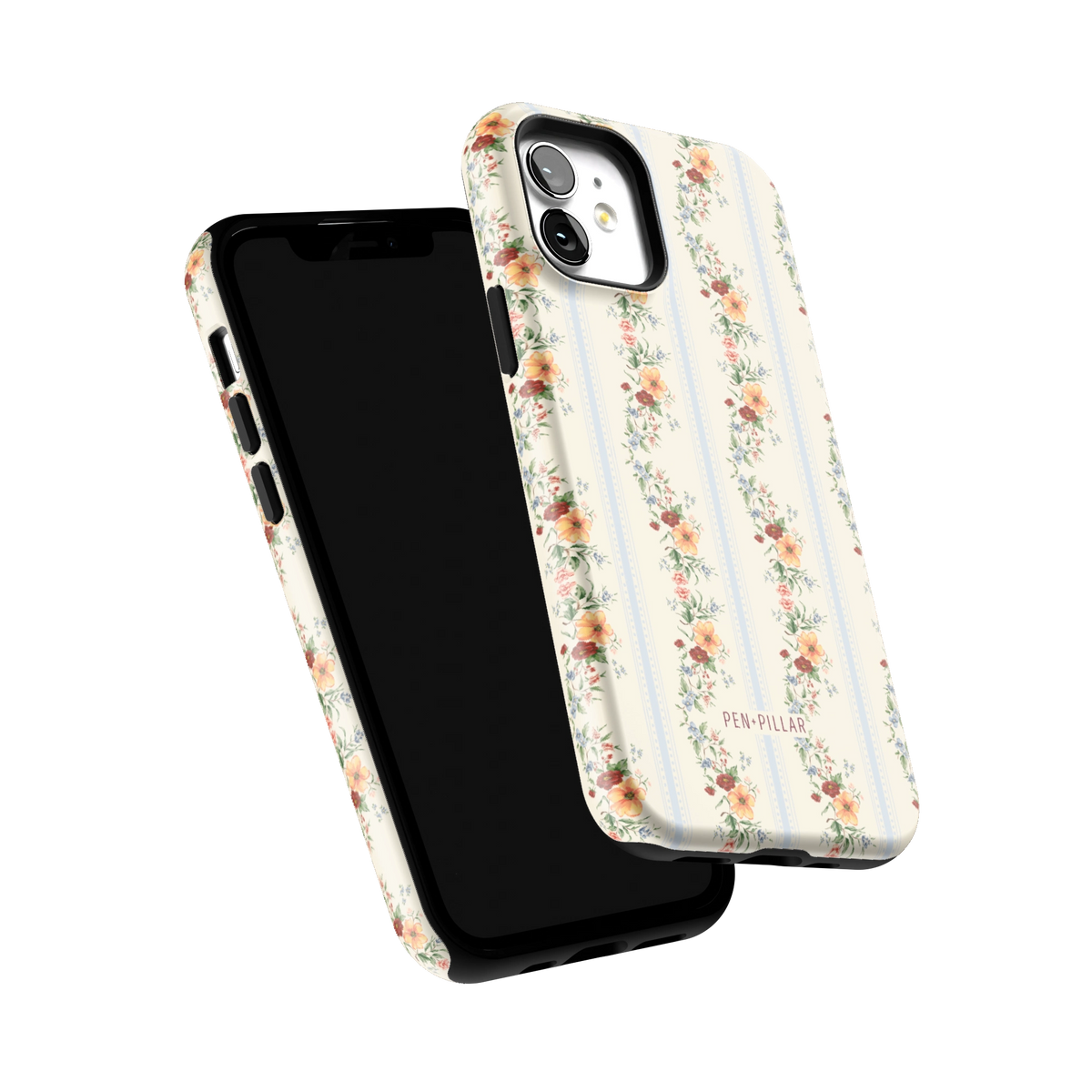 Wallflower iPhone 12 case tilted to show the raised edges around the screen and camera