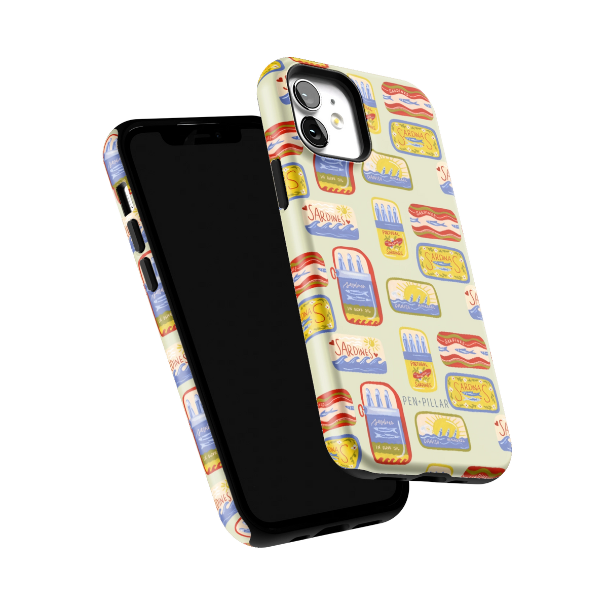 Sardines iPhone 12 case tilted to show the raised edges around the screen and camera