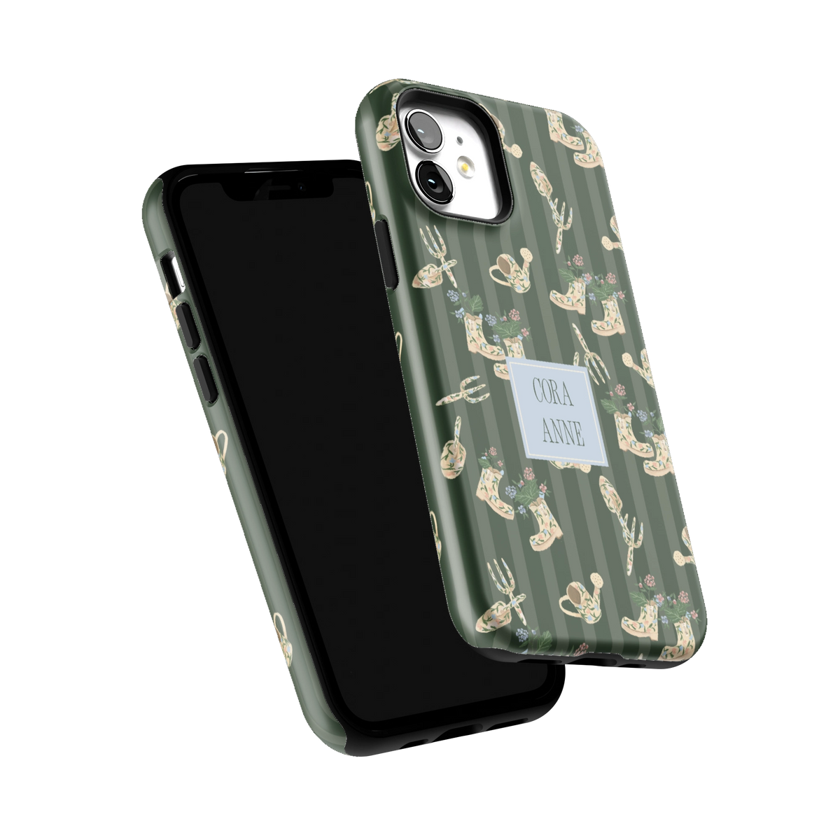 In the Garden Personalized iPhone 12 case tilted to show the raised edges around the screen and camera