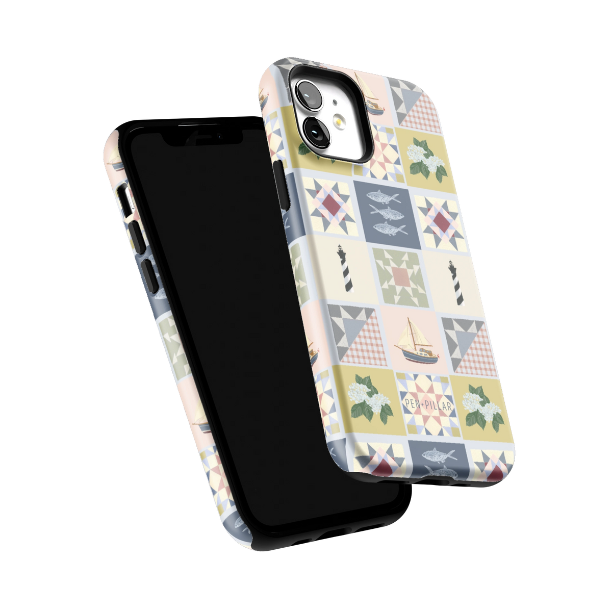 Coastal Quilt iPhone 12 case tilted to show the raised edges around the screen and camera