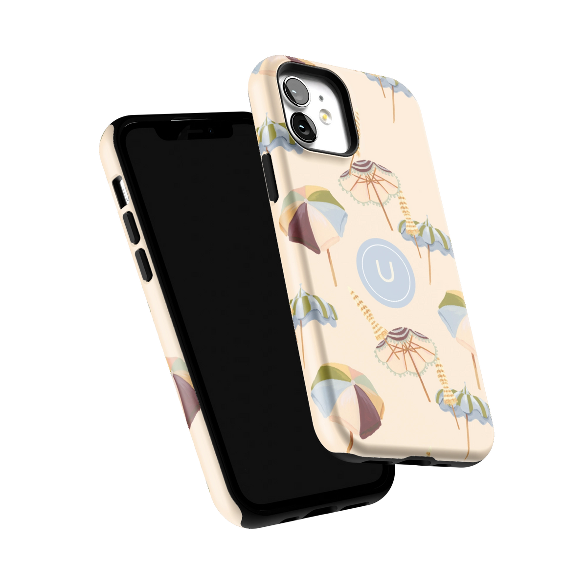 Umbrellas Personalized iPhone 12 case tilted to show the raised edges around the screen and camera