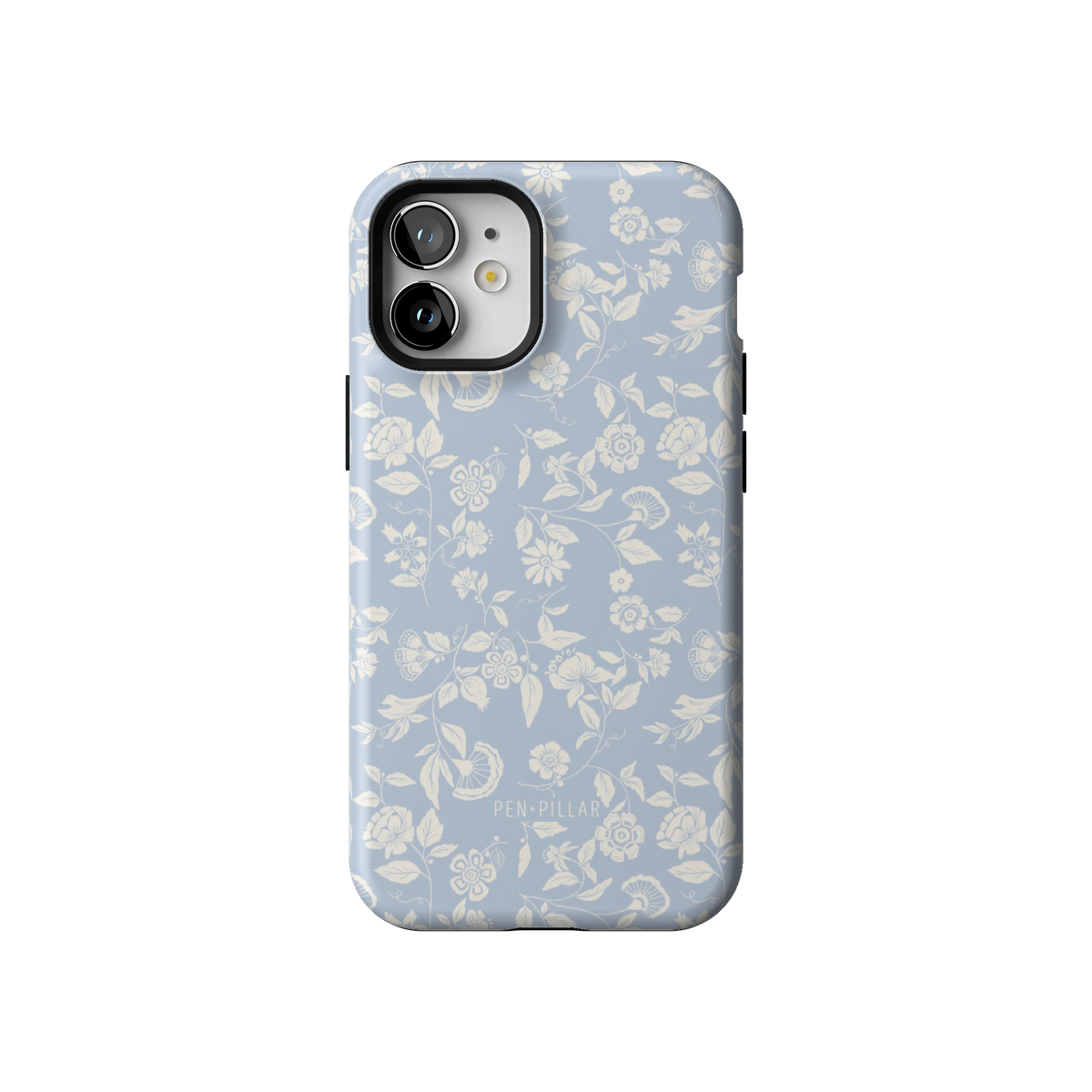 Spritz case on iPhone 12 mini, back view: white florals on soft blue
