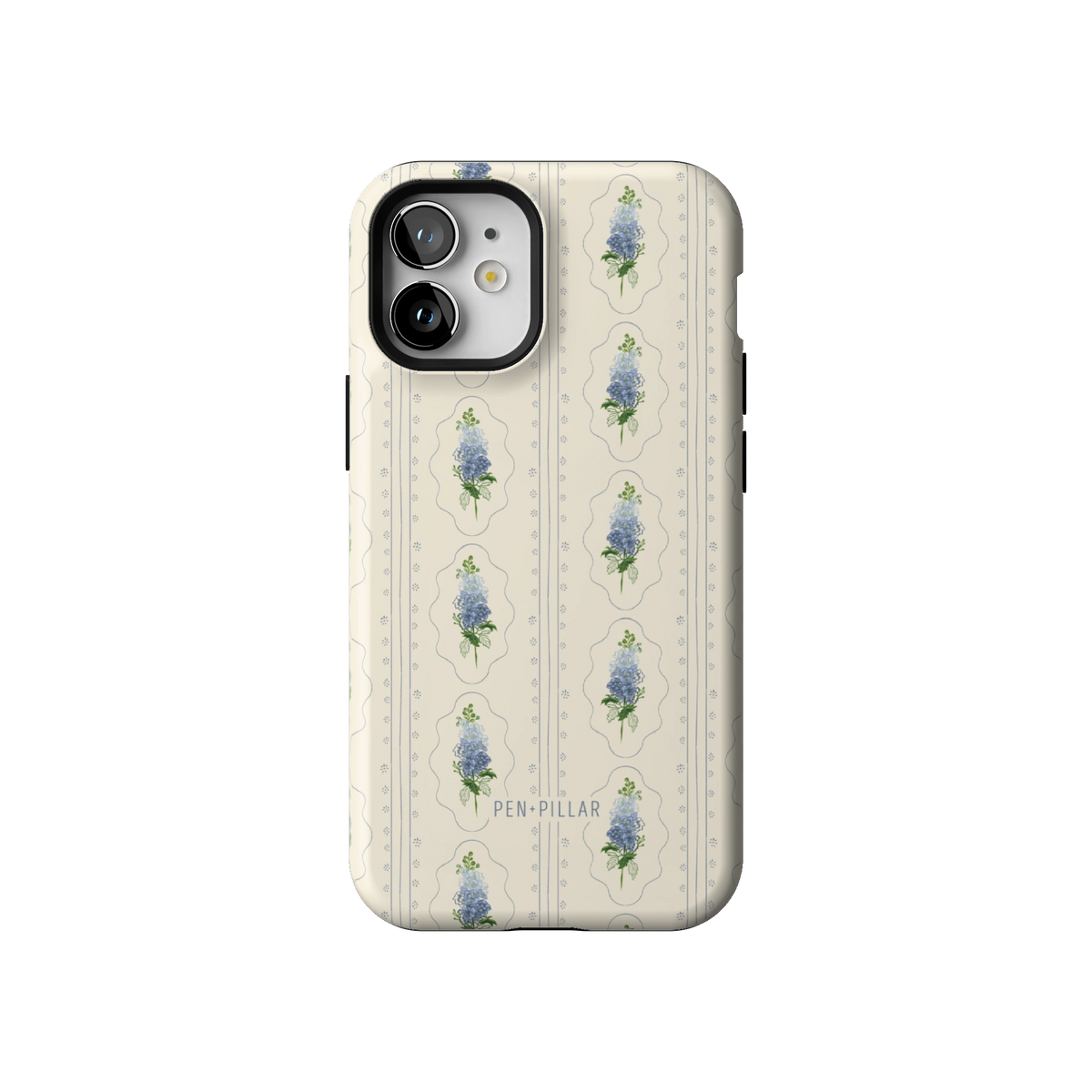 July Birth Month case on iPhone 12 mini, back view: blue larkspur in cream frames