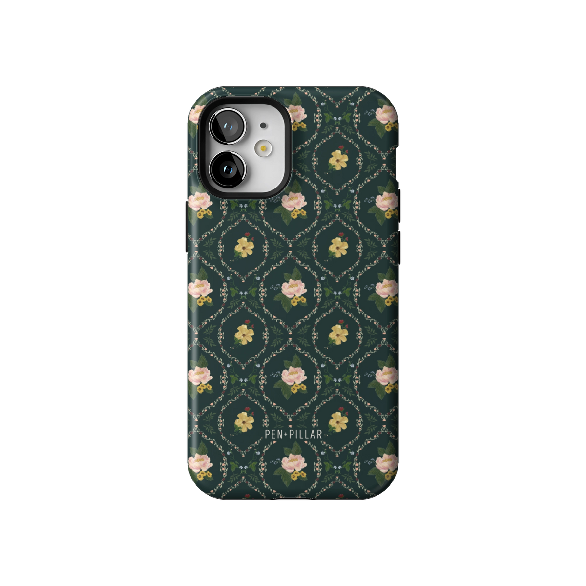 Meadow case on iPhone 12 mini, back view: small yellow and pink flowers in a diamond trellis on deep green