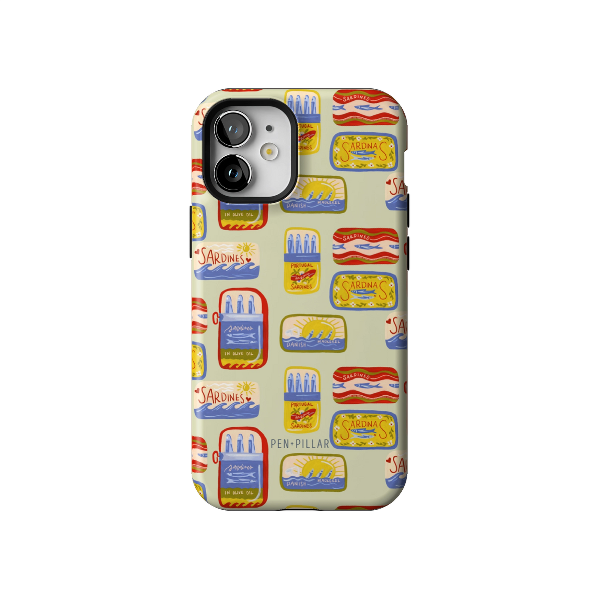 Sardines case on iPhone 12 mini, back view: vintage sardine tins on pale sage