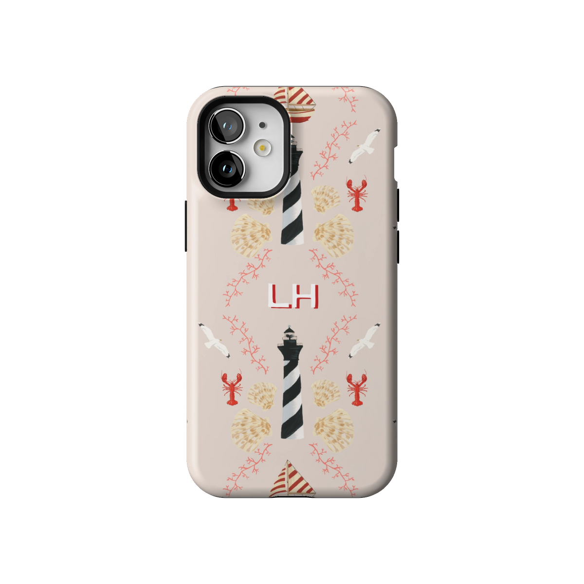 Lighthouse Personalized case on iPhone 12 mini, back view: striped lighthouses, lobsters and seashells on blush with the initials LH